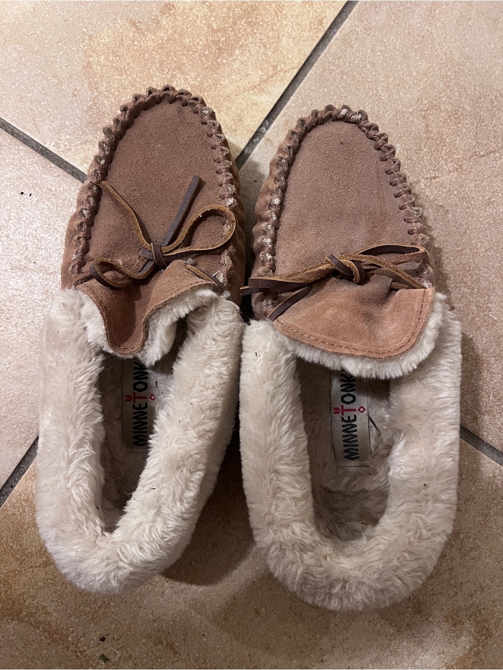 Minnetonka Chestnut Suede Faux-Fur Lined Moccasin Slippers
